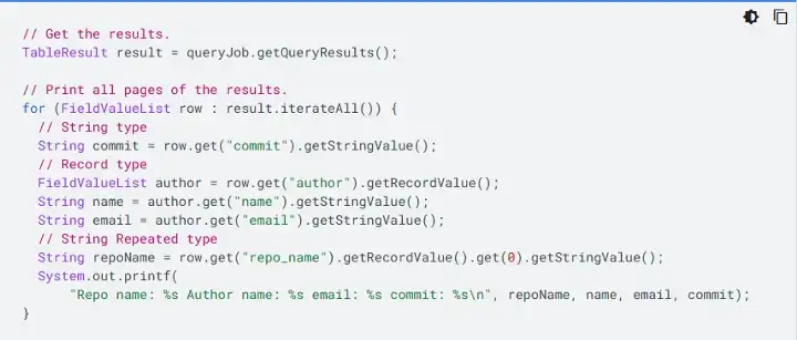 Taken from Google’s BigQuery Quickstart for Java (June, 2022)